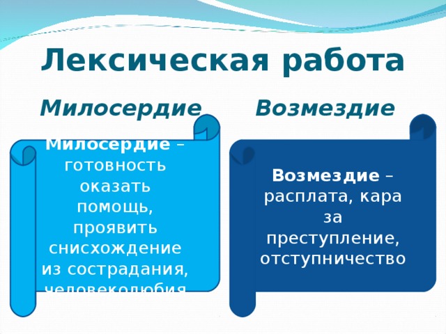 Лексическая работа Милосердие Возмездие Милосердие – готовность оказать помощь, проявить снисхождение из сострадания, человеколюбия Возмездие – расплата, кара за преступление, отступничество 