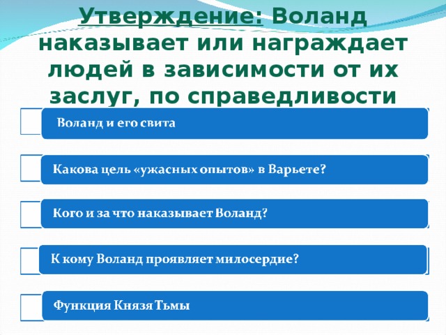 Утверждение: Воланд наказывает или награждает людей в зависимости от их заслуг, по справедливости 