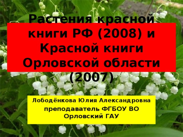 Растения красной книги РФ (2008) и Красной книги Орловской области (2007) Лободёнкова Юлия Александровна преподаватель ФГБОУ ВО Орловский ГАУ 