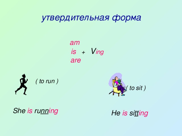 утвердительная форма   am   is  + V ing  are    ( to run )   ( to sit )     She is ru nn ing He is si tt ing 