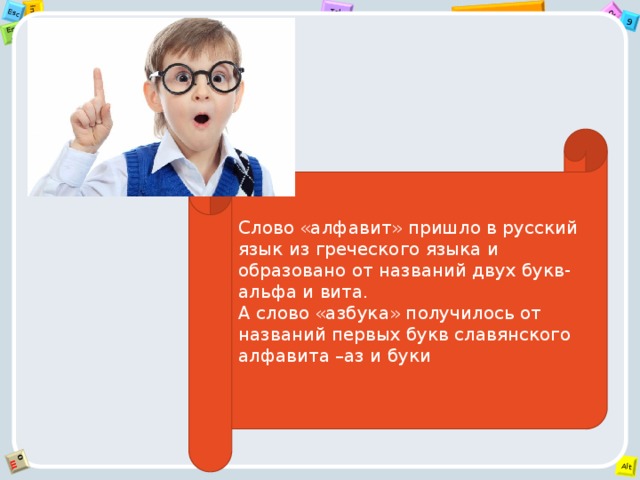 Слово «алфавит» пришло в русский язык из греческого языка и образовано от названий двух букв- альфа и вита. А слово «азбука» получилось от названий первых букв славянского алфавита –аз и буки 