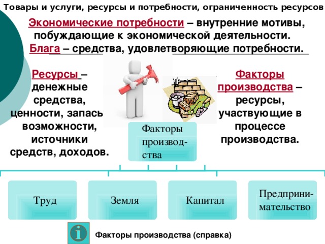 Товары и услуги, ресурсы и потребности, ограниченность ресурсов Экономические потребности – внутренние мотивы, побуждающие к экономической деятельности. Блага – средства, удовлетворяющие потребности. Факторы производства – ресурсы, участвующие в процессе производства. Ресурсы  – денежные средства, ценности, запасы, возможности, источники средств, доходов. Факторы производства (справка) 