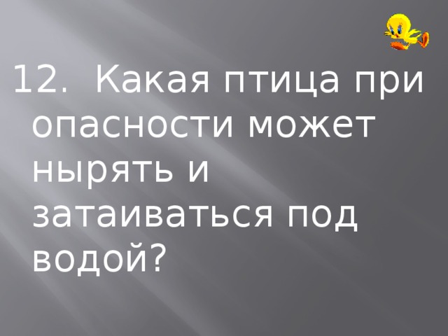 12. Какая птица при опасности может нырять и затаиваться под водой? 