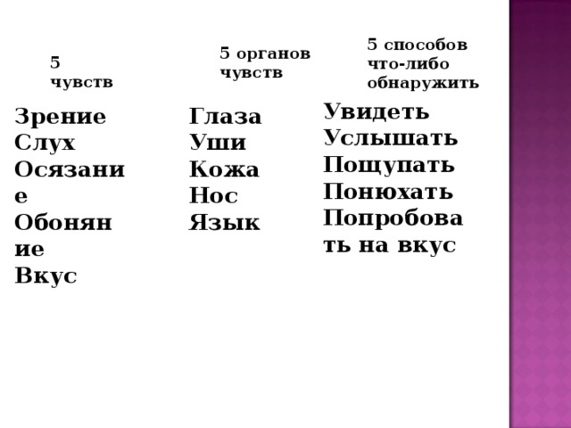 5 способов что-либо обнаружить 5 органов чувств 5 чувств Увидеть Услышать Пощупать Понюхать Попробовать на вкус Зрение Слух Осязание Обоняние Вкус Глаза Уши Кожа Нос Язык 