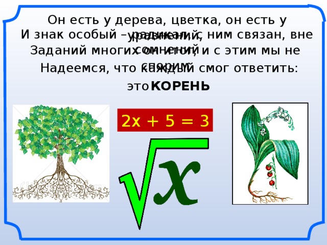  Он есть у дерева, цветка, он есть у уравнений, И знак особый – радикал, с ним связан, вне сомнений Заданий многих он итог, и с этим мы не спорим Надеемся, что каждый смог ответить: КОРЕНЬ это 2х + 5 = 3  