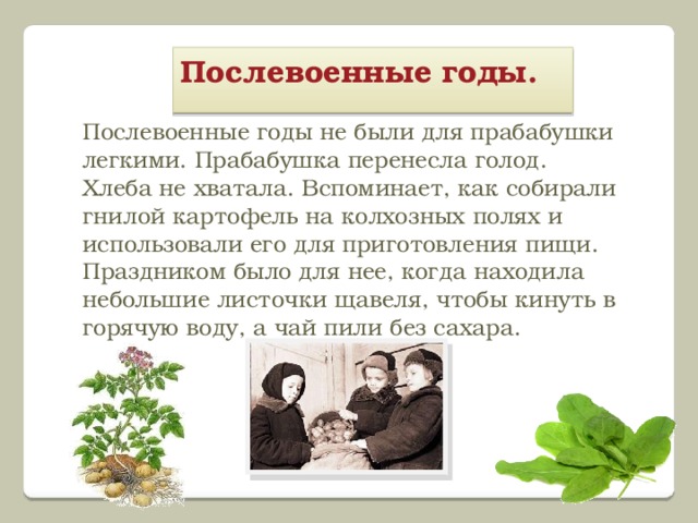 Послевоенные годы.   Послевоенные годы не были для прабабушки легкими. Прабабушка перенесла голод. Хлеба не хватала. Вспоминает, как собирали гнилой картофель на колхозных полях и использовали его для приготовления пищи. Праздником было для нее, когда находила небольшие листочки щавеля, чтобы кинуть в горячую воду, а чай пили без сахара.   