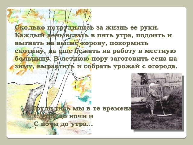 Сколько потрудились за жизнь ее руки. Каждый день встать в пять утра, подоить и выгнать на выпас корову, покормить скотину, да еще бежать на работу в местную больницу. В летнюю пору заготовить сена на зиму, вырастить и собрать урожай с огорода.   Трудились мы в те времена  С утра до ночи и  С ночи до утра…   