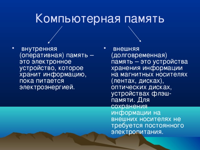 Компьютерная память  внутренняя (оперативная) память – это электронное устройство, которое хранит информацию, пока питается электроэнергией.  внешняя (долговременная) память – это устройства хранения информации на магнитных носителях (лентах, дисках), оптических дисках, устройствах флэш-памяти. Для сохранения информации на внешних носителях не требуется постоянного электропитания. 