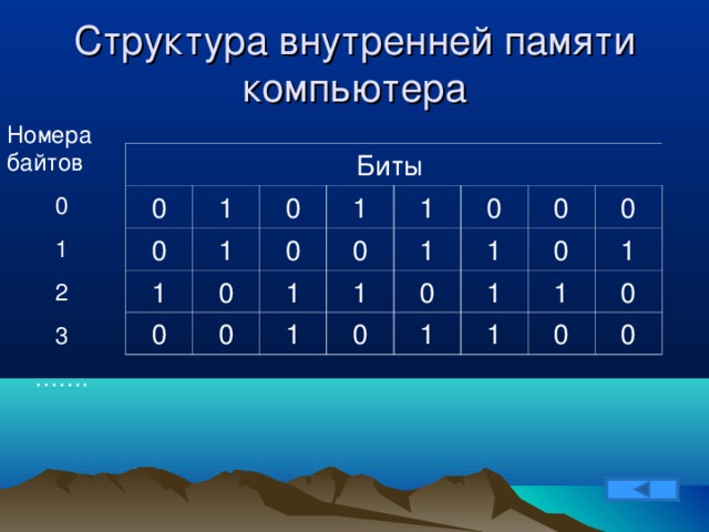 Структура внутренней памяти компьютера Номера байтов 0 1 2 3 …… . Биты 0 1 0 1 1 0 1 0 0 0 1 0 1 0 0 1 1 1 0 0 0 1 1 0 0 1 1 1 1 0 0 0 