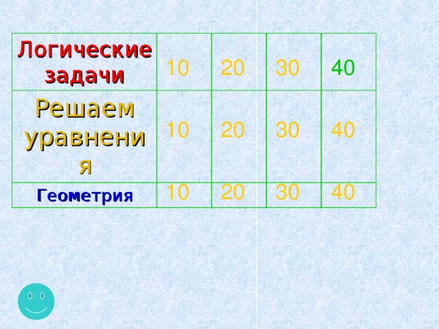 Логические задачи Решаем уравнения Геометрия 10 20 30 40 10 20 30 40 10 20 30 40 