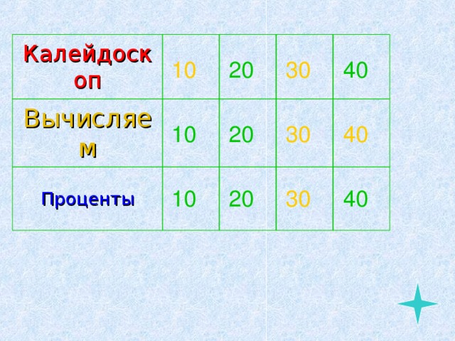 Калейдоскоп Вычисляем Проценты 10 20 30 40 10 20 30 40 30 10 20 40 