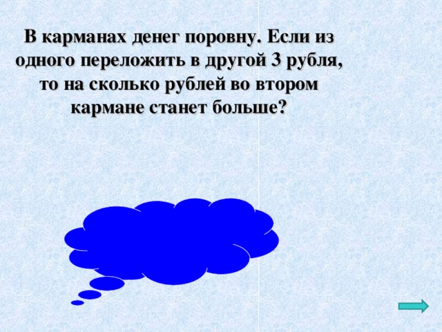 В карманах денег поровну. Если из одного переложить в другой 3 рубля, то на сколько рублей во втором кармане станет больше? Ответ: на 6 рублей 