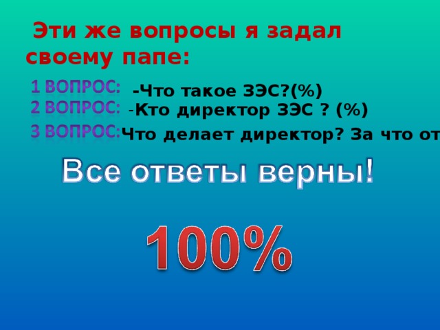  Эти же вопросы я задал своему папе:  -Что такое ЗЭС?(%) - Кто директор ЗЭС ? (%) Что делает директор? За что отвечает ? (%) 