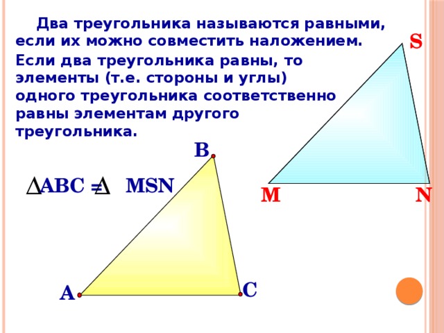 Два треугольника называются равными, если их можно совместить наложением. S S Если два треугольника равны, то элементы (т.е. стороны и углы) одного треугольника соответственно равны элементам другого треугольника.  В АВС = MSN N М N М С А 