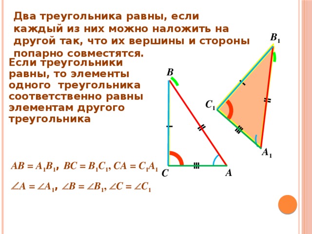Два треугольника равны, если каждый из них можно наложить на другой так, что их вершины и стороны попарно совместятся. B 1 Если треугольники равны, то элементы одного треугольника соответственно равны элементам другого треугольника B C 1 A 1 AB = A 1 B 1 , BC = B 1 C 1 , CA = C 1 A 1 A C  A =  A 1 ,  B =  B 1 ,  C =  C 1 3 