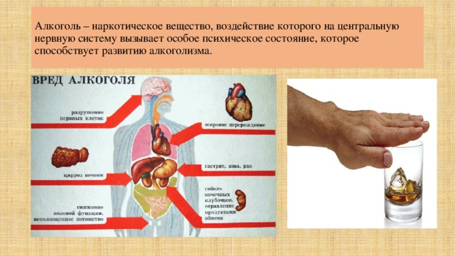 Алкоголь – наркотическое вещество, воздействие которого на центральную нервную систему вызывает особое психическое состояние, которое способствует развитию алкоголизма. 