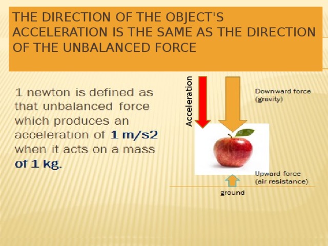 Acceleration The direction of the object's acceleration is the same as the direction of the unbalanced force   