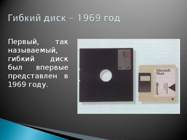 Первый, так называемый, гибкий диск был впервые представлен в 1969 году. 