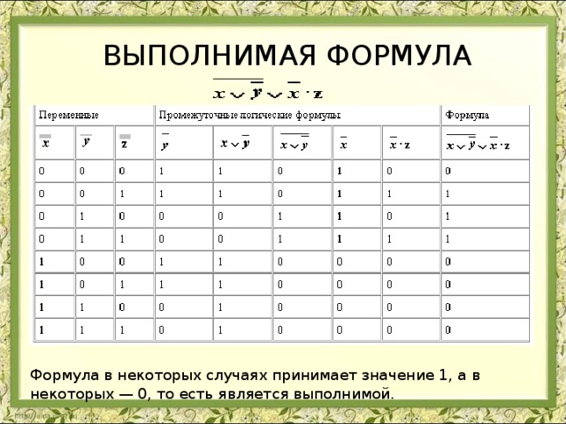 ВЫПОЛНИМАЯ ФОРМУЛА Формула в некоторых случаях принимает значение 1, а в некоторых — 0, то есть является выполнимой.  