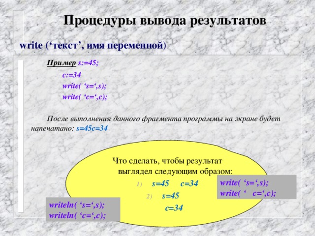 Процедуры вывода результатов  write (‘текст’, имя переменной )    Пример   s:=45;    c:=34    write( ‘s=‘,s);    write( ‘c=‘,c);     После выполнения данного фрагмента программы на экране будет напечатано: s=45c=34  Что сделать, чтобы результат выглядел следующим образом: s=45 c=34 s=45  c=34 write( ‘s=‘,s); write( ‘ c=‘,c); writeln( ‘s=‘,s); writeln( ‘c=‘,c); 