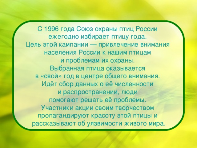 С 1996 года Союз охраны птиц России ежегодно избирает птицу года. Цель этой кампании — привлечение внимания населения России к нашим птицам и проблемам их охраны. Выбранная птица оказывается в «свой» год в центре общего внимания. Идёт сбор данных о её численности и распространении, люди помогают решать её проблемы. Участники акции своим творчеством пропагандируют красоту этой птицы и  рассказывают об уязвимости живого мира.  