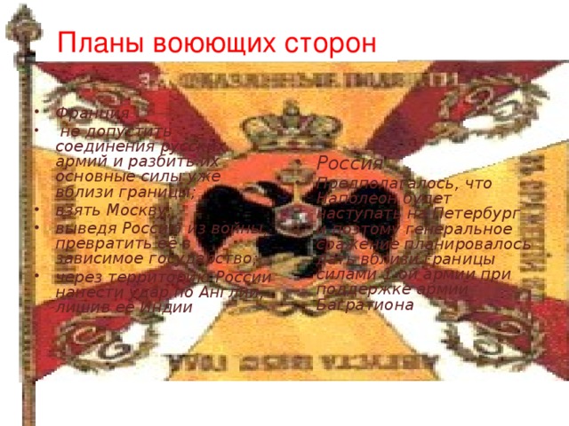 Планы  воюющих  сторон Франция  не допустить соединения русских армий и разбить их основные силы уже вблизи границы; взять Москву; выведя Россию из войны, превратить её в зависимое государство; через территорию России нанести удар по Англии, лишив её Индии Россия Предполагалось, что Наполеон будет наступать на Петербург и поэтому генеральное сражение планировалось дать вблизи границы силами 1-ой армии при поддержке армии Багратиона  