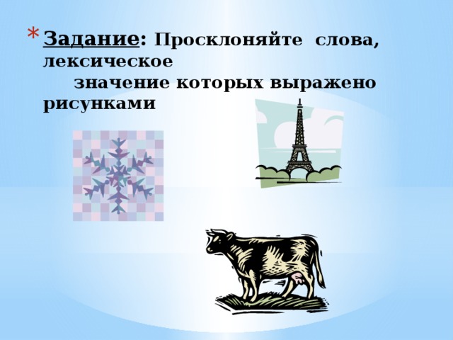 Задание : Просклоняйте слова, лексическое  значение которых выражено рисунками 