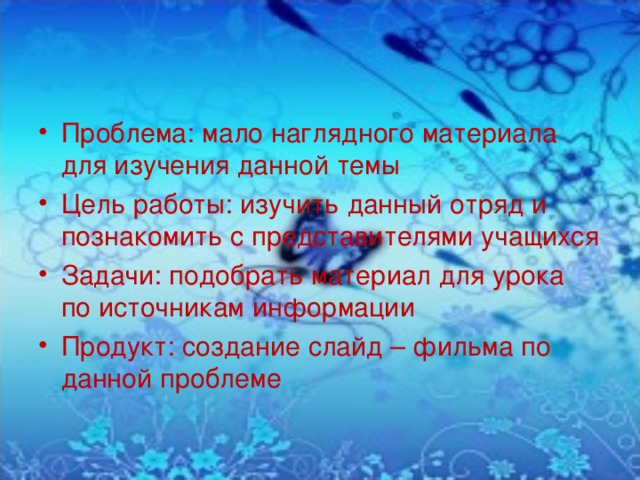 Проблема: мало наглядного материала для изучения данной темы Цель работы: изучить данный отряд и познакомить с представителями учащихся Задачи: подобрать материал для урока по источникам информации Продукт: создание слайд – фильма по данной проблеме 