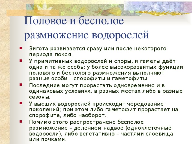 Половое и бесполое размножение водорослей Зигота развивается сразу или после некоторого периода покоя. У примитивных водорослей и споры, и гаметы даёт одна и та же особь; у более высокоразвитых функции полового и бесполого размножения выполняют разные особи – спорофиты и гаметофиты. Последние могут прорастать одновременно и в одинаковых условиях, в разных местах либо в разные сезоны. У высших водорослей происходит чередование поколений; при этом либо гаметофит прорастает на спорофите, либо наоборот. Помимо этого распространено бесполое размножение – делением надвое (одноклеточные водоросли), либо вегетативно – частями слоевища или почками. 