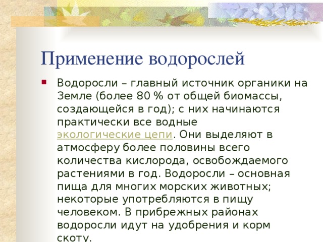 Применение водорослей Водоросли – главный источник органики на Земле (более 80 % от общей биомассы, создающейся в год); с них начинаются практически все водные экологические цепи . Они выделяют в атмосферу более половины всего количества кислорода, освобождаемого растениями в год. Водоросли – основная пища для многих морских животных; некоторые употребляются в пищу человеком. В прибрежных районах водоросли идут на удобрения и корм скоту. 