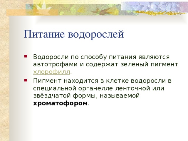 Питание водорослей Водоросли по способу питания являются автотрофами и содержат зелёный пигмент хлорофилл . Пигмент находится в клетке водоросли в специальной органелле ленточной или звёздчатой формы, называемой хроматофором . 