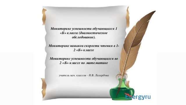 Мониторинг успешности обучающихся 1 «Б» класса (диагностическое обследование).   Мониторинг навыков скорости чтения в 1-2 «Б» классе   Мониторинг успешности обучающихся во 2 «Б» классе по математике    учитель нач. классов - Н.В. Лахардова   