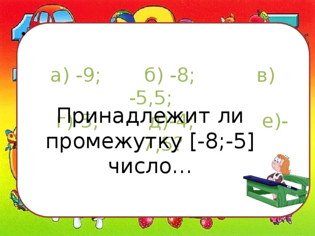  а) -9; б) -8; в) -5,5;  г)-5; д)-4; е)-7,5?   Принадлежит ли промежутку [-8;-5] число… 