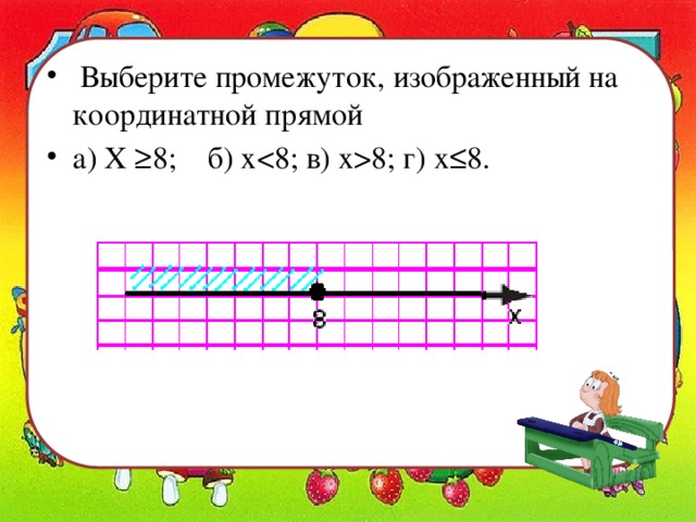  Яндекс.Директ    Выберите промежуток, изображенный на координатной прямой а) Х ≥8; б) х8; г) х≤8. 