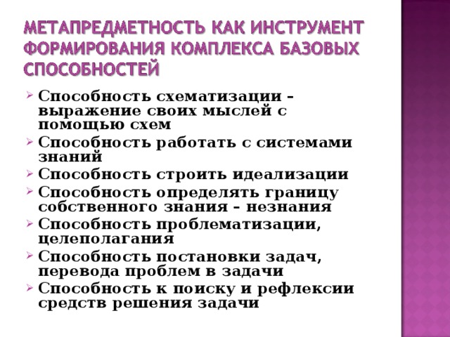 Способность схематизации – выражение своих мыслей с помощью схем Способность работать с системами знаний Способность строить идеализации Способность определять границу собственного знания – незнания Способность проблематизации, целеполагания Способность постановки задач, перевода проблем в задачи Способность к поиску и рефлексии средств решения задачи  