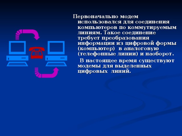 Первоначально модем использовался для соединения компьютеров по коммутируемым линиям. Такое соединение требует преобразования информации из цифровой формы (компьютер) в аналоговую (телефонные линии) и наоборот.  В настоящее время существуют модемы для выделенных цифровых линий.   