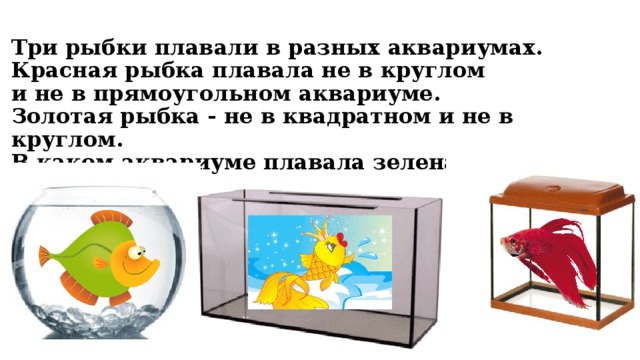 Всеми аквариумах было поровну рыбок. Рыбки плавают в аквариуме. Три рыбки плавали в разных аквариумах. Золотая рыбка в квадратном аквариуме. Маленькие рыбки плавают в аквариуме.