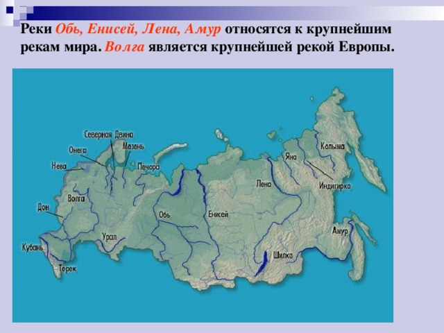 Реки Обь, Енисей, Лена, Амур  относятся к крупнейшим рекам мира. Волга  является крупнейшей рекой Европы. 