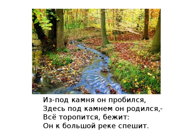 Из-под камня он пробился, Здесь под камнем он родился,- Всё торопится, бежит: Он к большой реке спешит. 