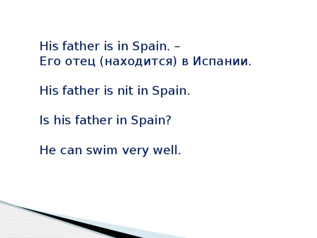 His father is in Spain. – Его отец (находится) в Испании. His father is nit in Spain. Is his father in Spain? He can swim very well. 