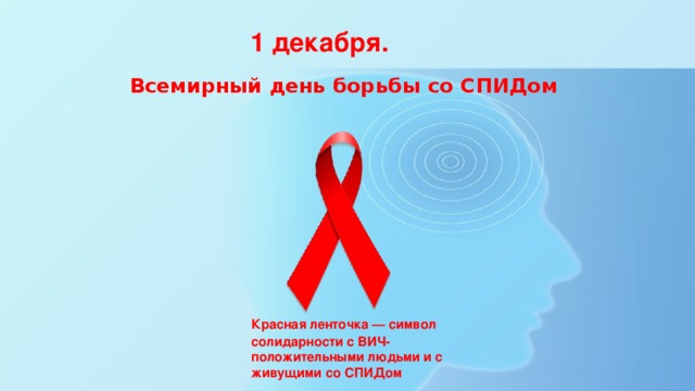 1 декабря. Всемирный день борьбы со СПИДом Красная ленточка  — символ солидарности с ВИЧ-положительными людьми и с живущими со СПИДом 