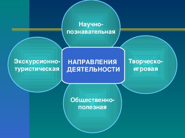 Научно- познавательная Творческо- игровая Экскурсионно- туристическая НАПРАВЛЕНИЯ ДЕЯТЕЛЬНОСТИ Общественно- полезная 