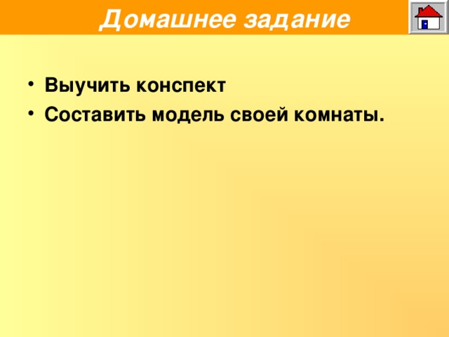 Домашнее задание Выучить конспект Составить модель своей комнаты.  