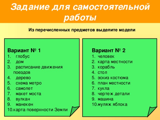 Задание для самостоятельной работы Из перечисленных предметов выделите модели Вариант № 2 Вариант № 1  человек карта местности корабль стол эскиз костюма план местности кукла чертеж детали машина муляж яблока  глобус  дом  расписание движения поездов  дерево  схема метро  самолет  макет моста  вулкан  манекен карта поверхности Земли 