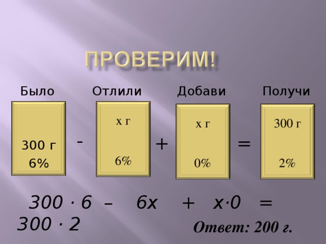 Было Отлили Добавили Получили 300 г 6% х г 6% х г 0% 300 г 2% - = +  300 · 6 – 6х + х·0 = 300 · 2 Ответ: 200 г. 