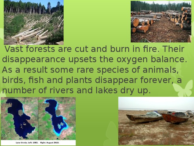  Vast forests are cut and burn in fire. Their disappearance upsets the oxygen balance. As a result some rare species of animals, birds, fish and plants disappear forever, a number of rivers and lakes dry up. 