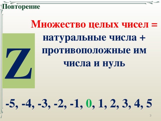 Повторение Множество целых чисел = натуральные числа + противоположные им числа и нуль Z -5, -4, -3, -2, -1, 0 , 1, 2, 3, 4, 5  