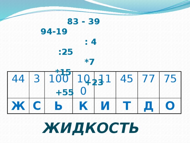  83 - 39 94-19  : 4 :25  *7 *15  +23 +55 44 Ж 3 100 С 100 Ь 11 К 45 И 77 Т 75 Д О ЖИДКОСТЬ 