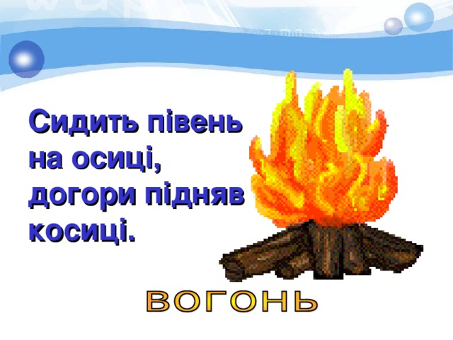 Сидить півень на осиці, догори підняв косиці. 