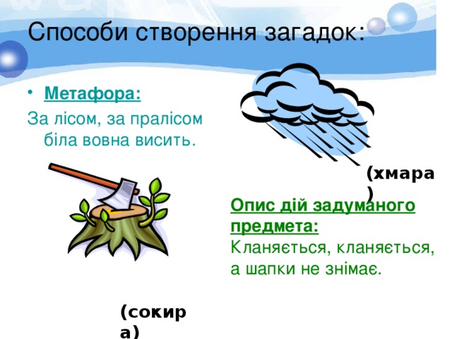 Способи створення загадок:   Метафора: За лісом, за пралісом біла вовна висить. (хмара) Опис дій задуманого предмета:  Кланяється, кланяється, а шапки не знімає. (сокира) 